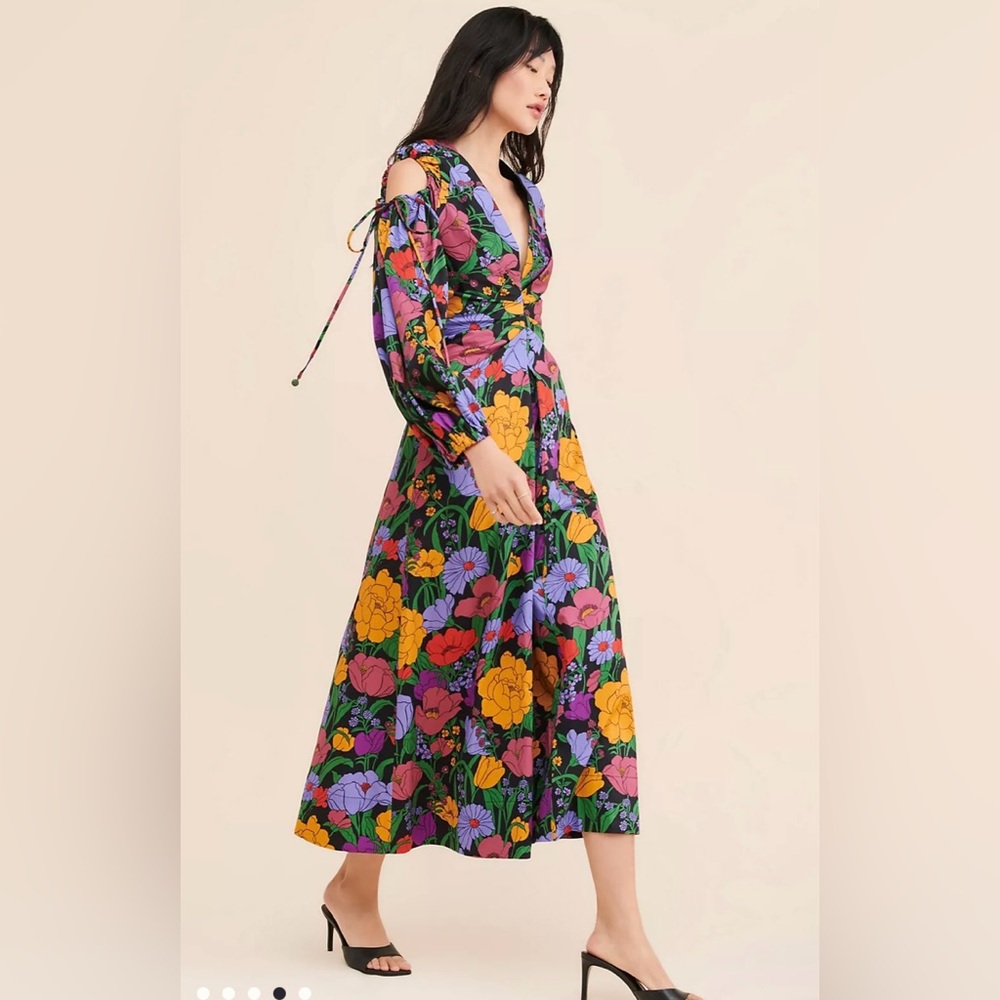 FARM RIO Bucolic Garden‎ Sleeve Cut Out Dress Floral Maxi Size XS - Picture 3 of 16